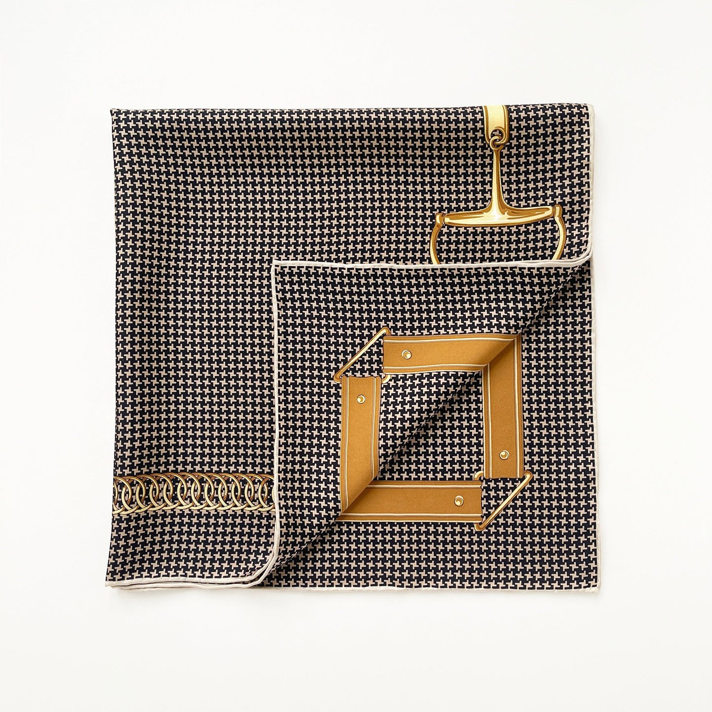 Classic Houndstooth Silk Scarf, Hand-Rolled Square Bandana, Black and Beige
