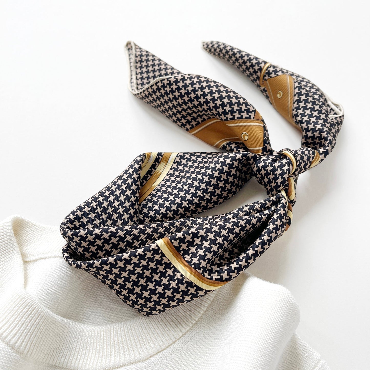 Classic Houndstooth Silk Scarf, Hand-Rolled Square Bandana, Black and Beige