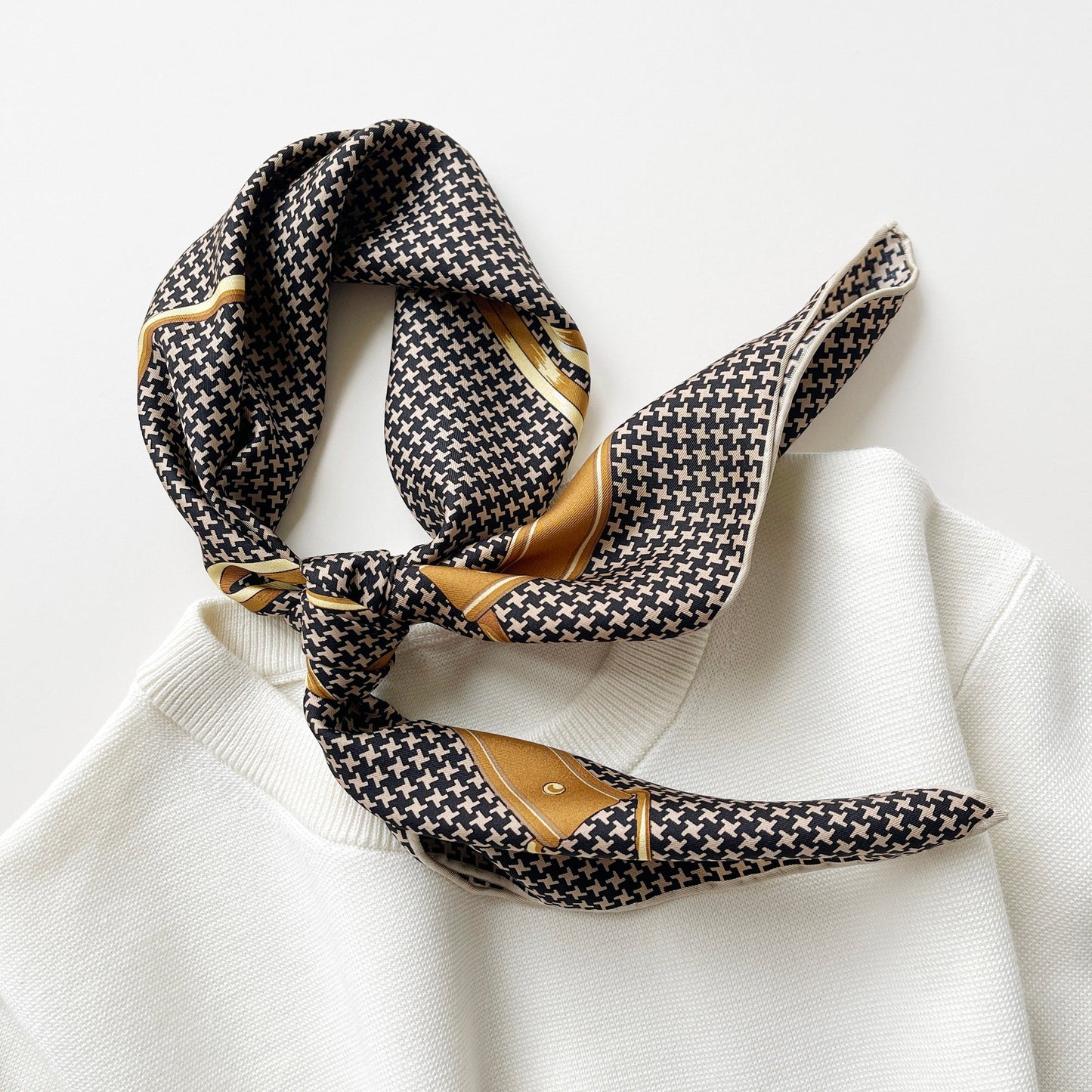 Classic Houndstooth Silk Scarf, Hand-Rolled Square Bandana, Black and Beige