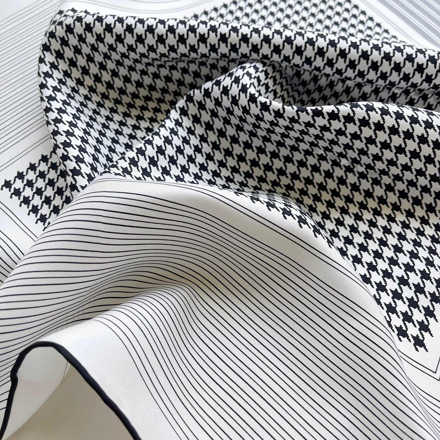 Classic Houndstooth Silk Square Scarf, 65cm Hand-Rolled Bandana Scarf
