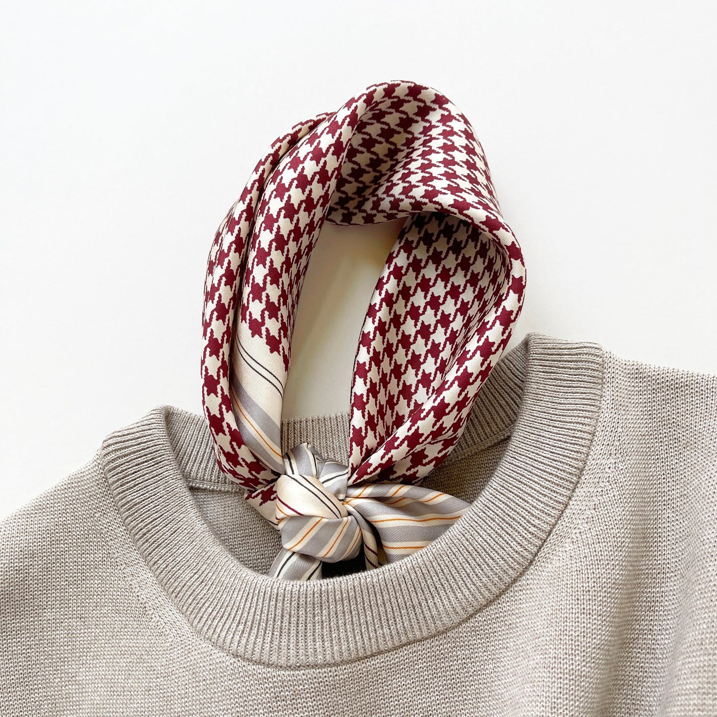 Classic Houndstooth Silk Square Scarf, 65cm Hand-Rolled Bandana Scarf