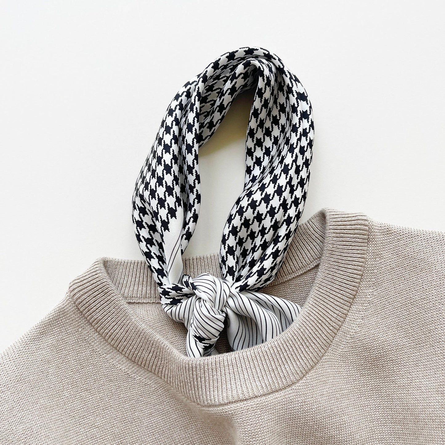 Classic Houndstooth Silk Square Scarf, 65cm Hand-Rolled Bandana Scarf