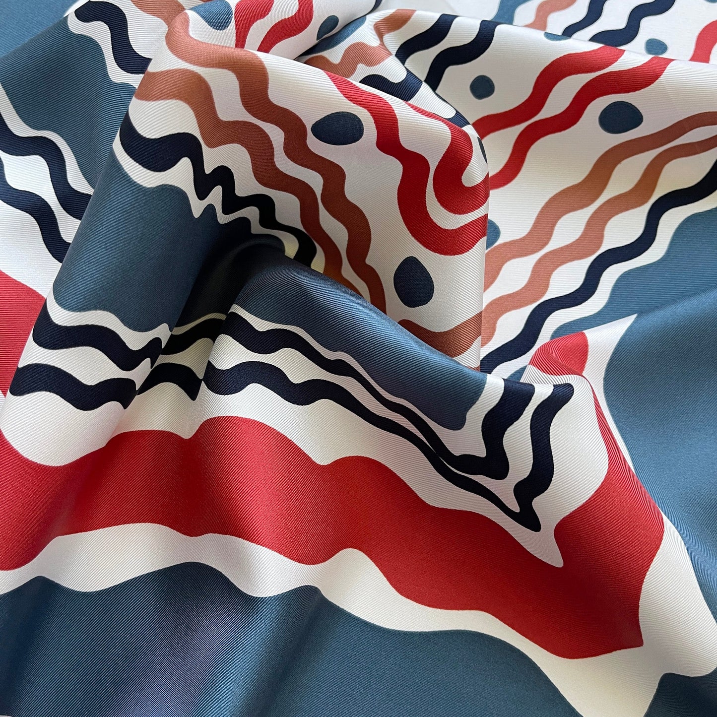 Blue Wave Silk Scarf, 90cm Hand-Rolled Women's Head Scarf