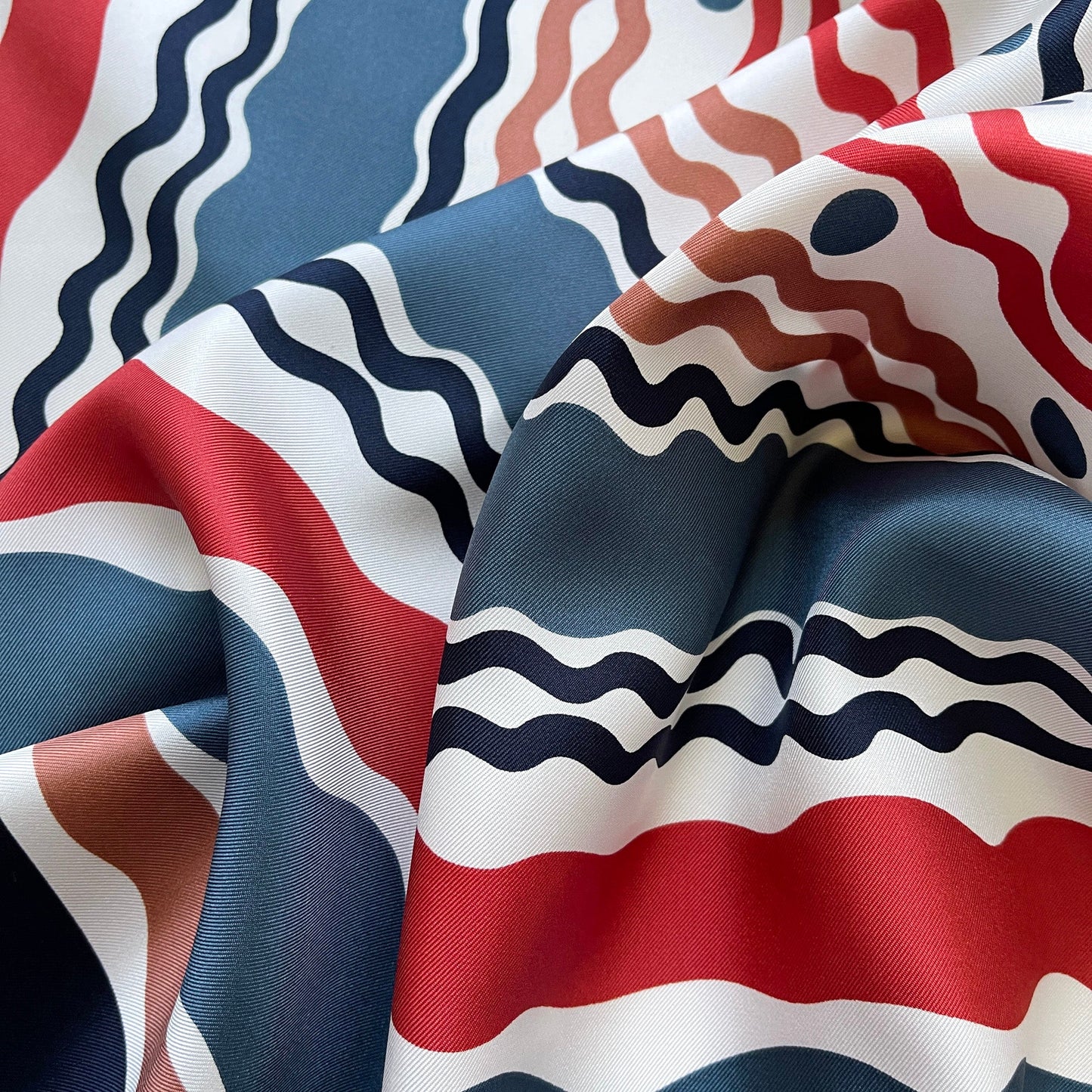 Blue Wave Silk Scarf, 90cm Hand-Rolled Women's Head Scarf