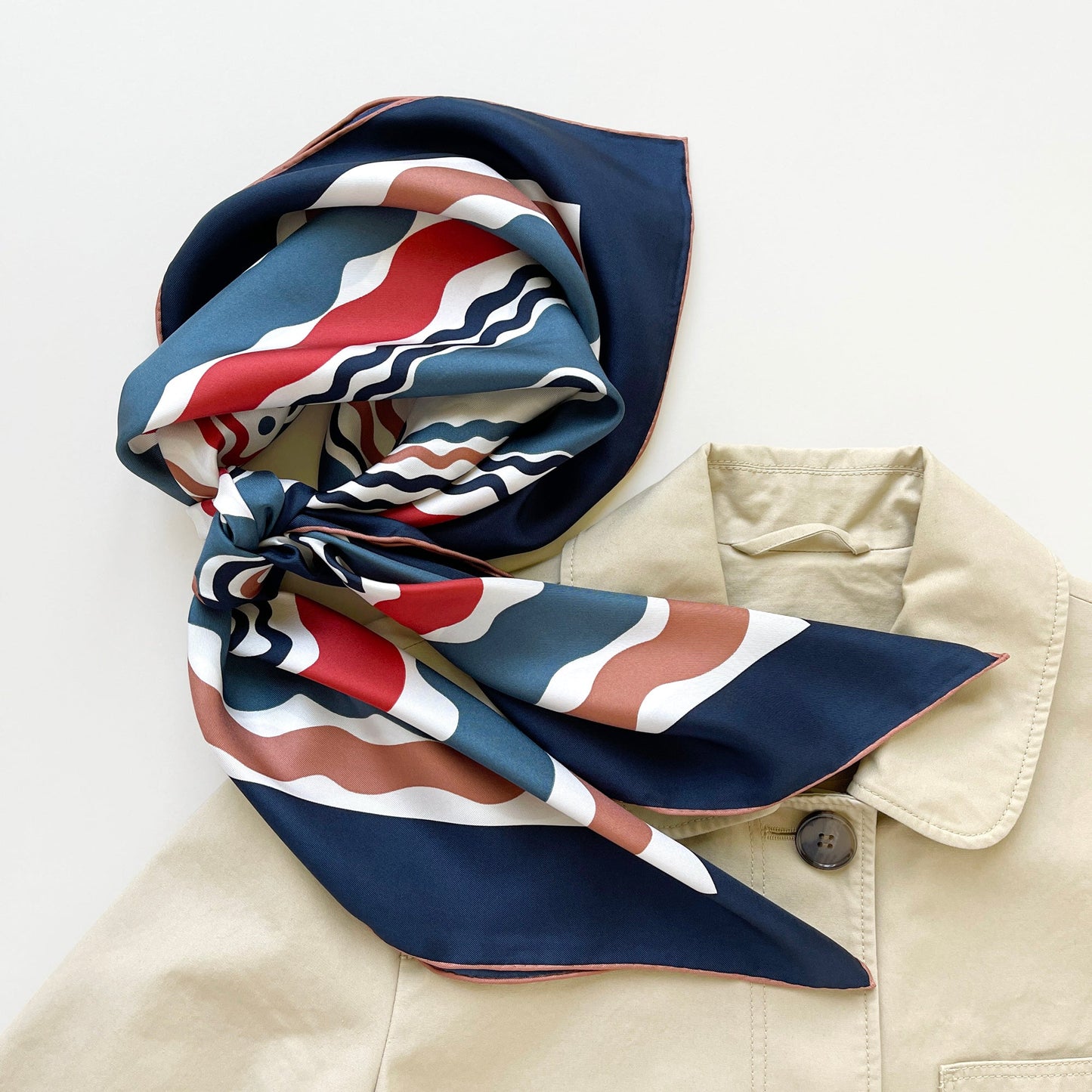 Blue Wave Silk Scarf, 90cm Hand-Rolled Women's Head Scarf