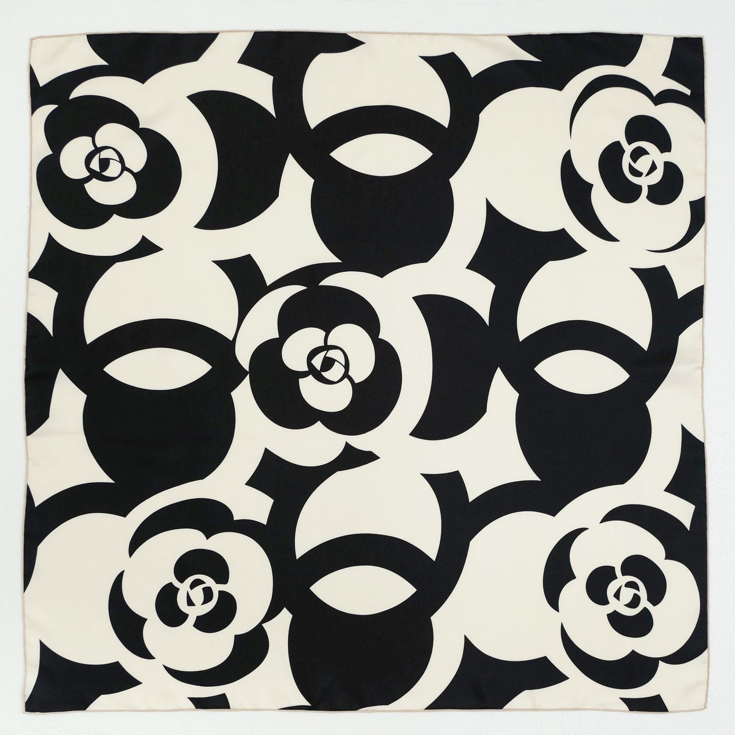 Black and White Camellia Love Silk Scarf, 90cm Hand-Rolled Women's Head Scarf