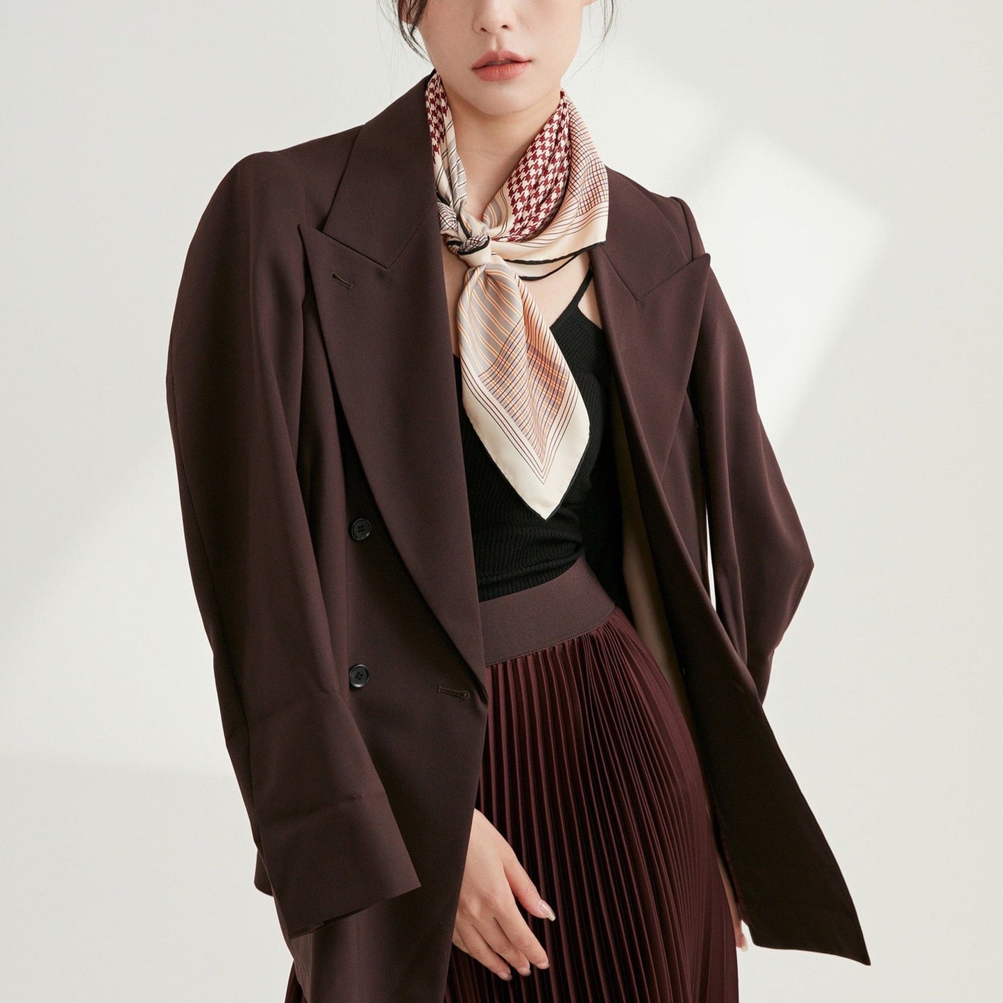 Classic Houndstooth Silk Square Scarf, 65cm Hand-Rolled Bandana Scarf