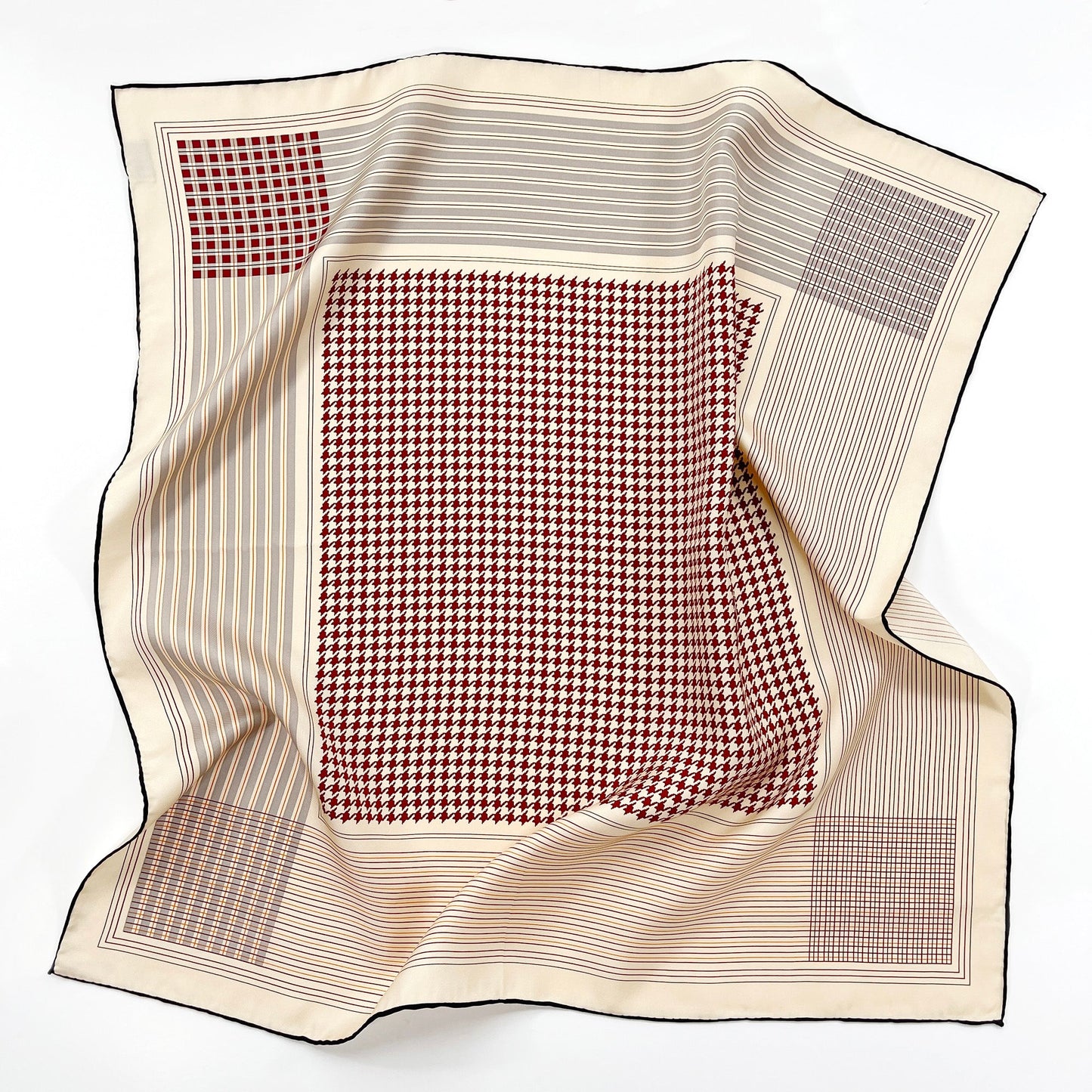 Classic Houndstooth Silk Square Scarf, 65cm Hand-Rolled Bandana Scarf