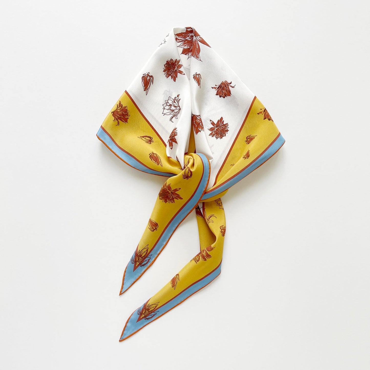 Yellow Floral Print Diamond Silk Scarf, 100% Silk Crêpe de Chine