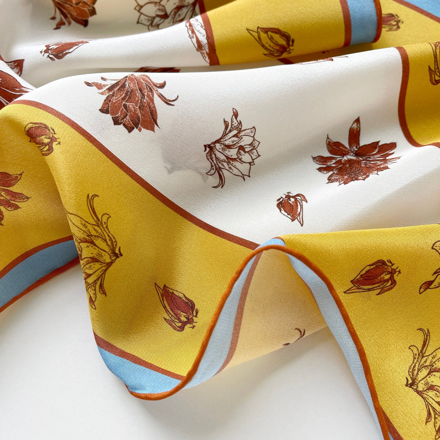 Yellow Floral Print Diamond Silk Scarf, 100% Silk Crêpe de Chine