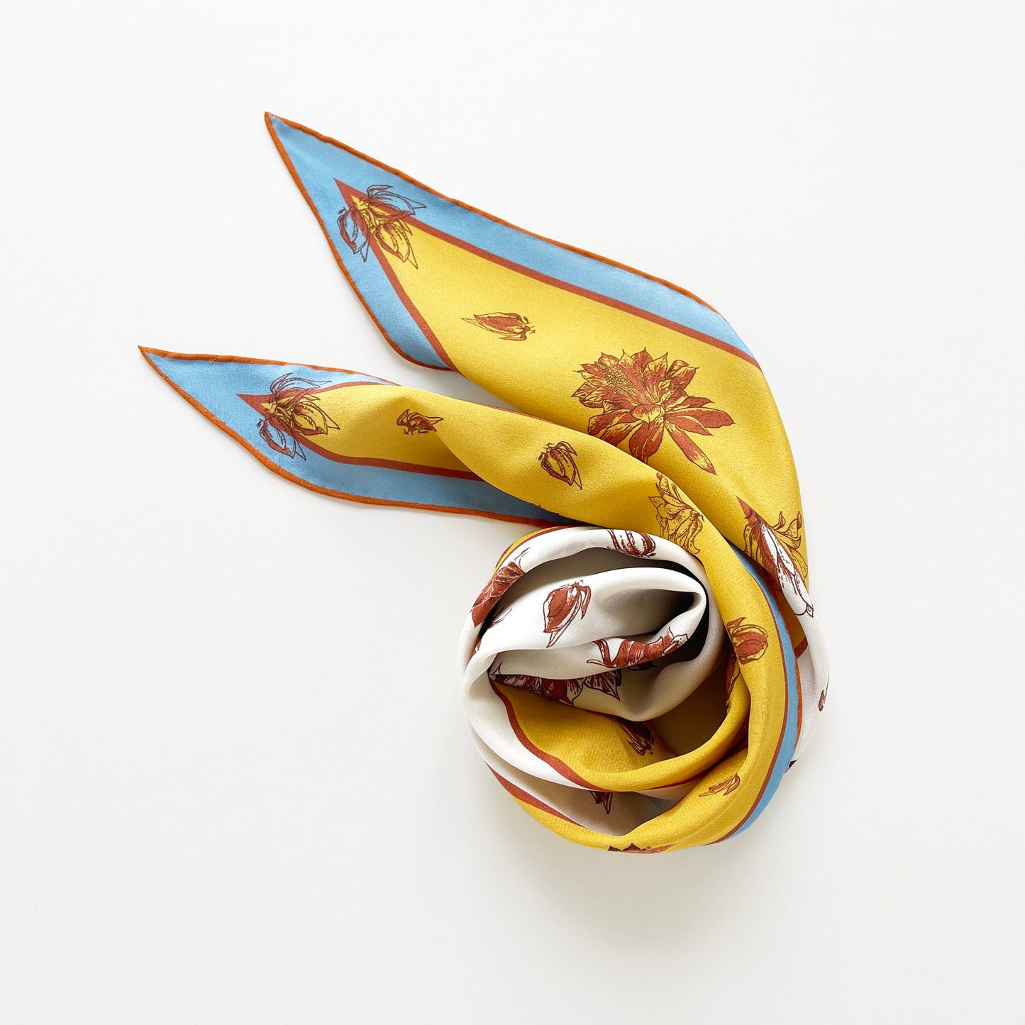 Yellow Floral Print Diamond Silk Scarf, 100% Silk Crêpe de Chine
