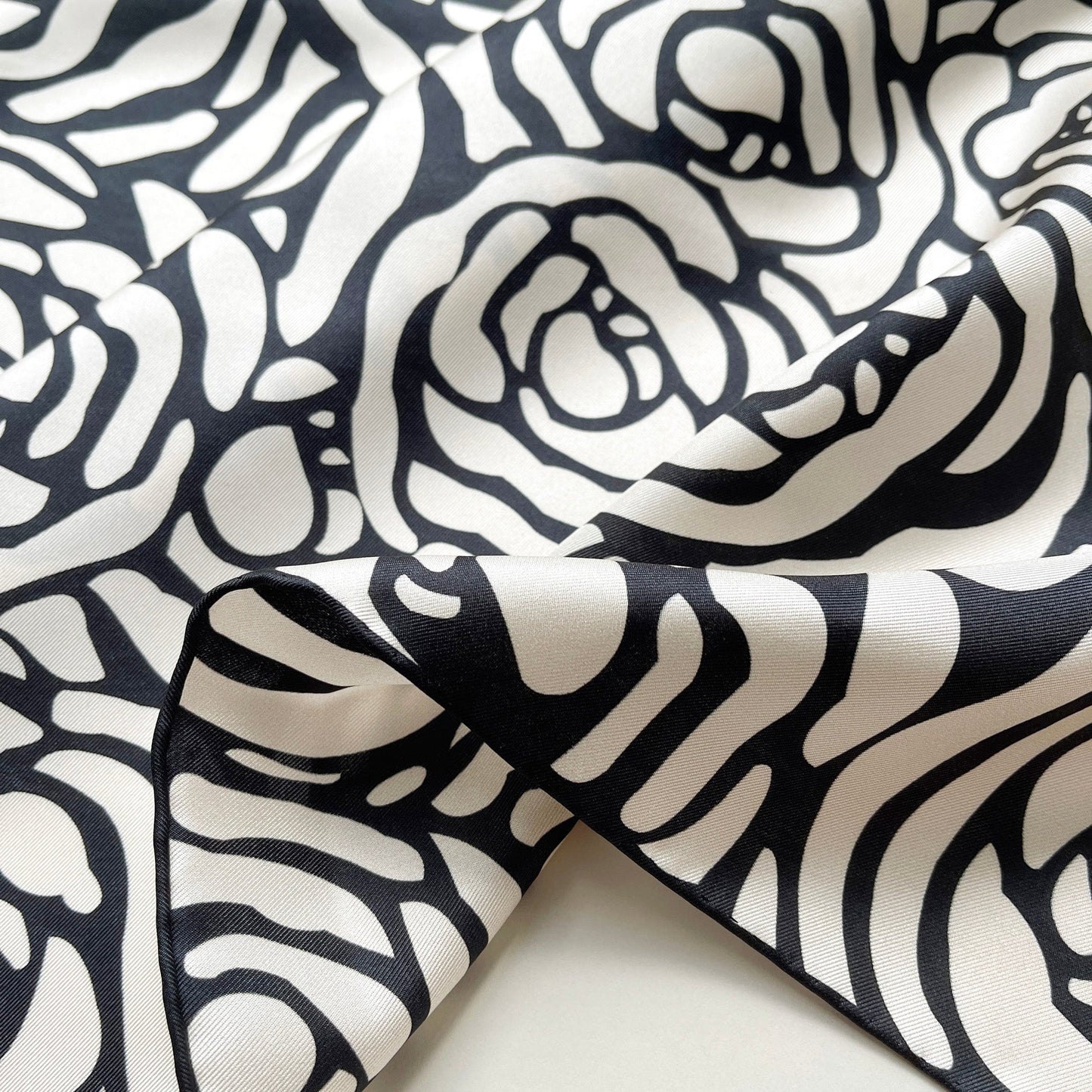 Charcoal Black Abstract Rose Silk Scarf, 65cm Women's Bandana Square with Hand-Rolled Edges