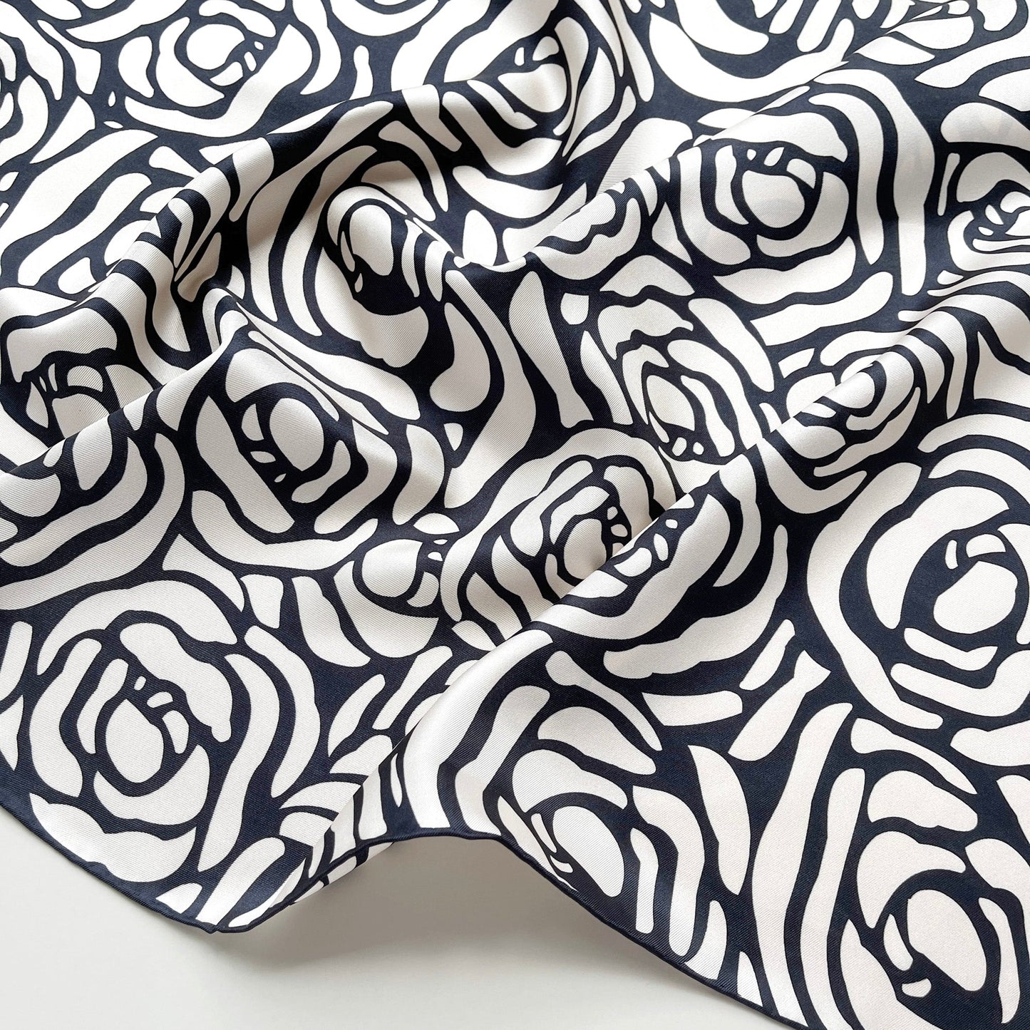 Charcoal Black Abstract Rose Silk Scarf, 65cm Women's Bandana Square with Hand-Rolled Edges
