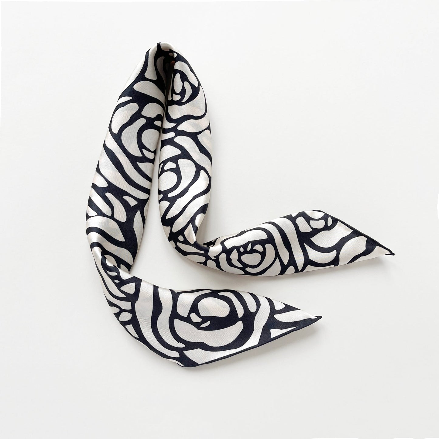Charcoal Black Abstract Rose Silk Scarf, 65cm Women's Bandana Square with Hand-Rolled Edges