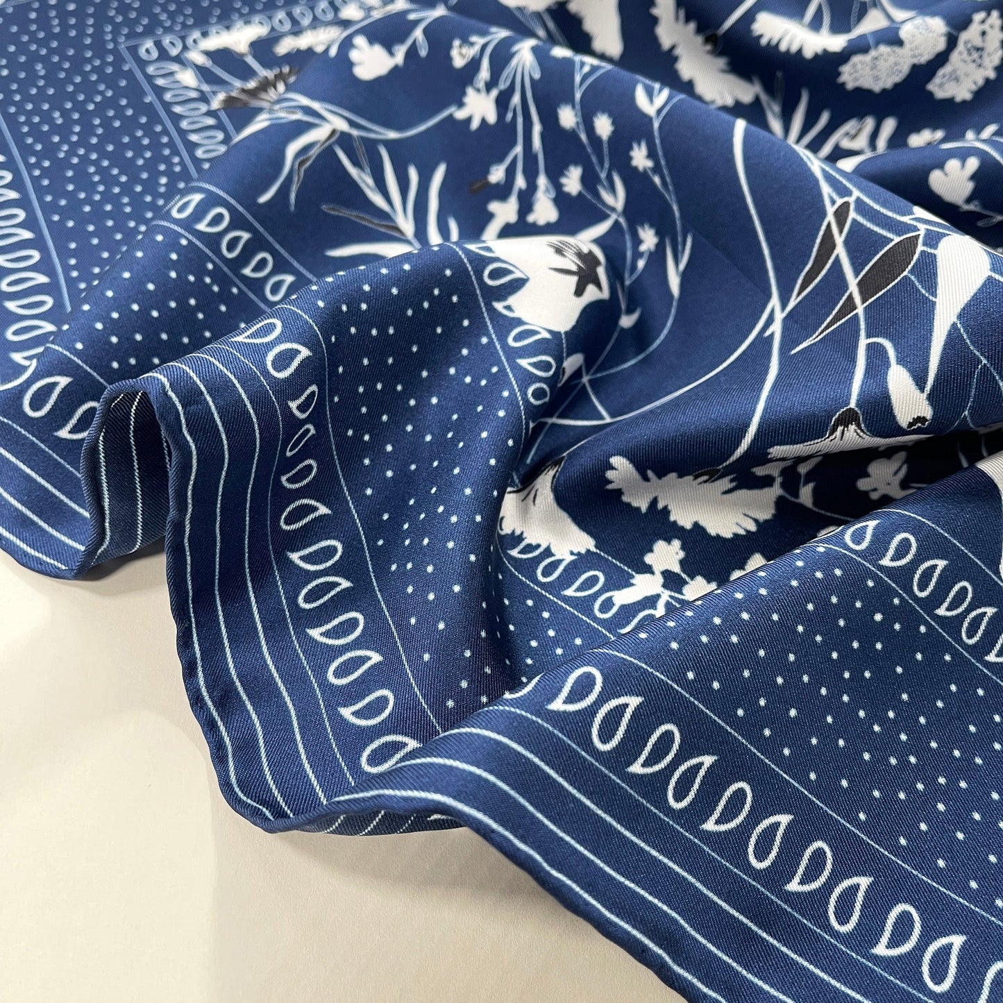 Blue Kyoto Bloom Silk Scarf, Men's 65cm Neckerchief