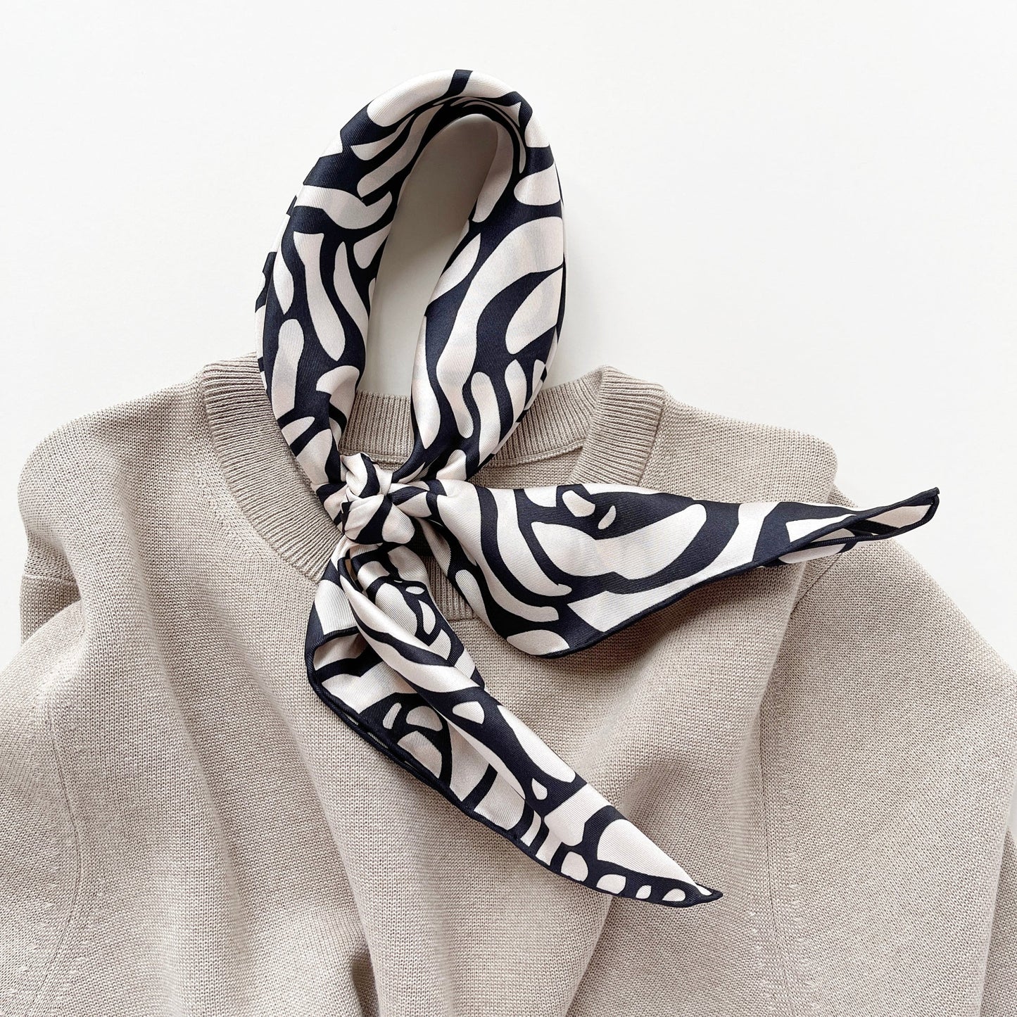 Charcoal Black Abstract Rose Silk Scarf, 65cm Women's Bandana Square with Hand-Rolled Edges