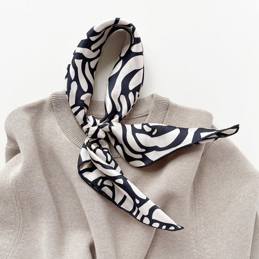 Charcoal Black Abstract Rose Silk Scarf, 65cm Women's Bandana Square with Hand-Rolled Edges