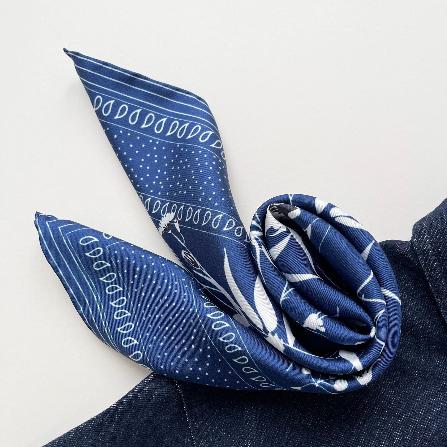 Blue Kyoto Bloom Silk Scarf, Men's 65cm Neckerchief