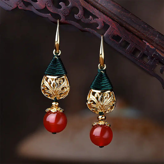 Renaissance-Style Long Pendant Gold-Plated Agate Earrings