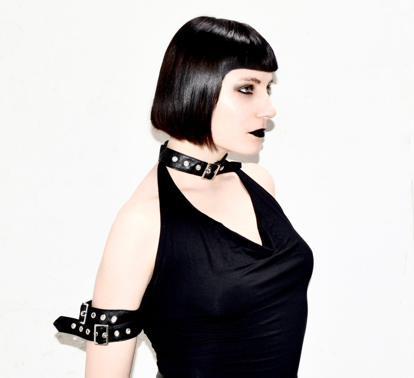 Necessary Evil Aphrodite Plunge Cowl-Neck Top with Faux Leather Detail