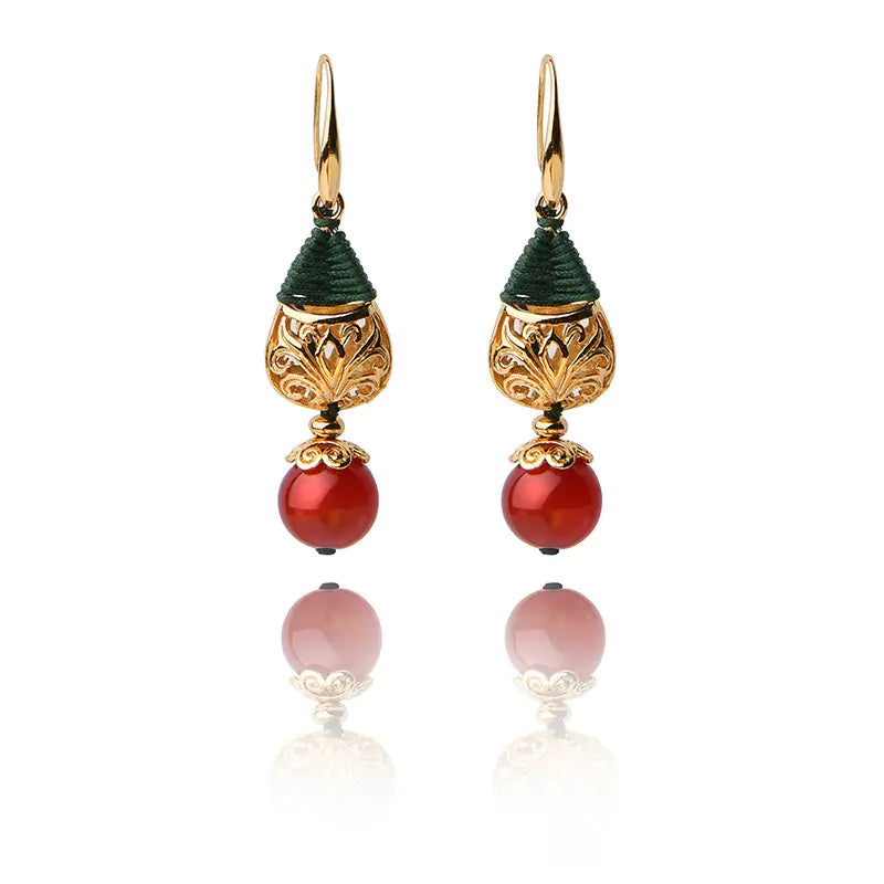 Renaissance-Style Long Pendant Gold-Plated Agate Earrings