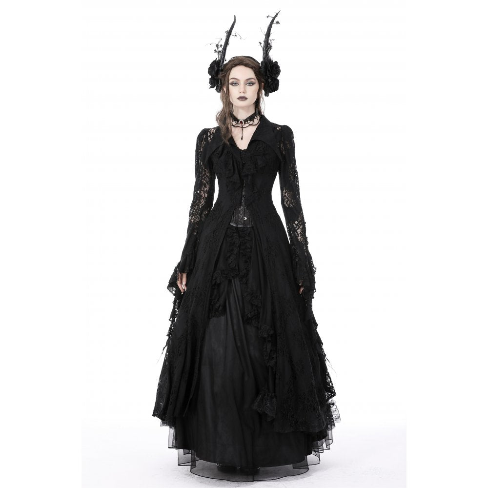 Dark In Love Livvy Lace Coat, Women's Gothic Jacket with Pointed Collar and Ruffles
