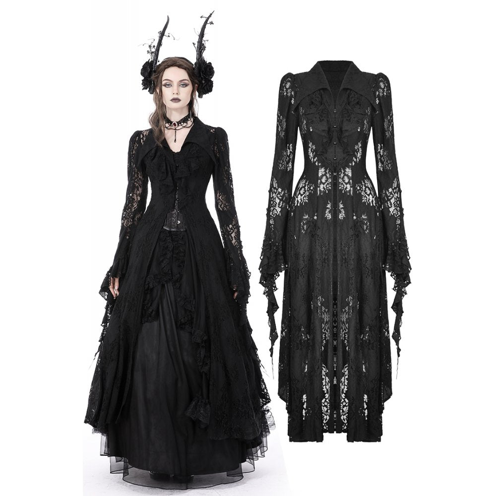 Dark In Love Livvy Lace Coat, Women's Gothic Jacket with Pointed Collar and Ruffles