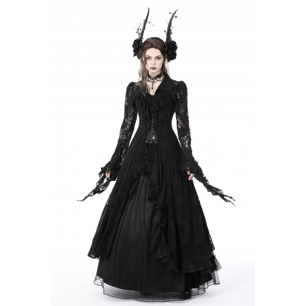 Dark In Love Livvy Lace Coat, Women's Gothic Jacket with Pointed Collar and Ruffles