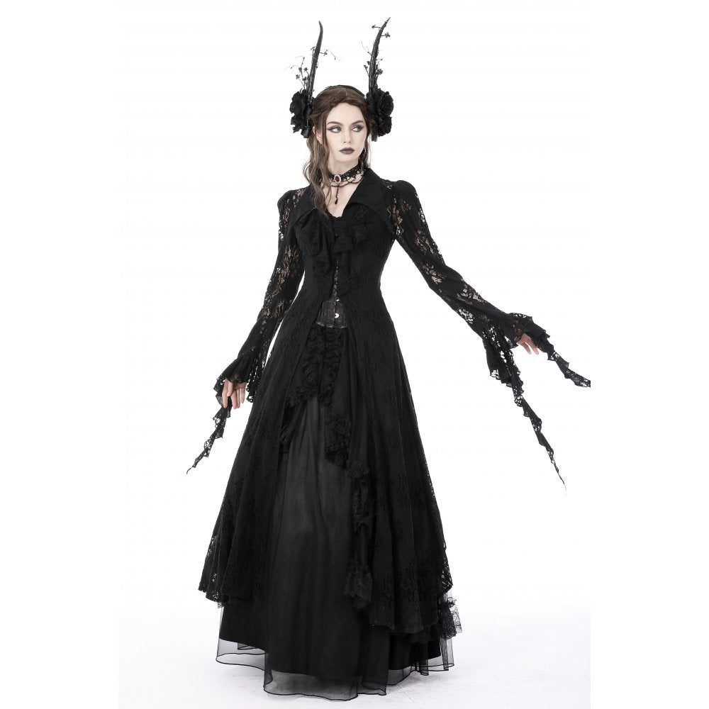 Dark In Love Livvy Lace Coat, Women's Gothic Jacket with Pointed Collar and Ruffles