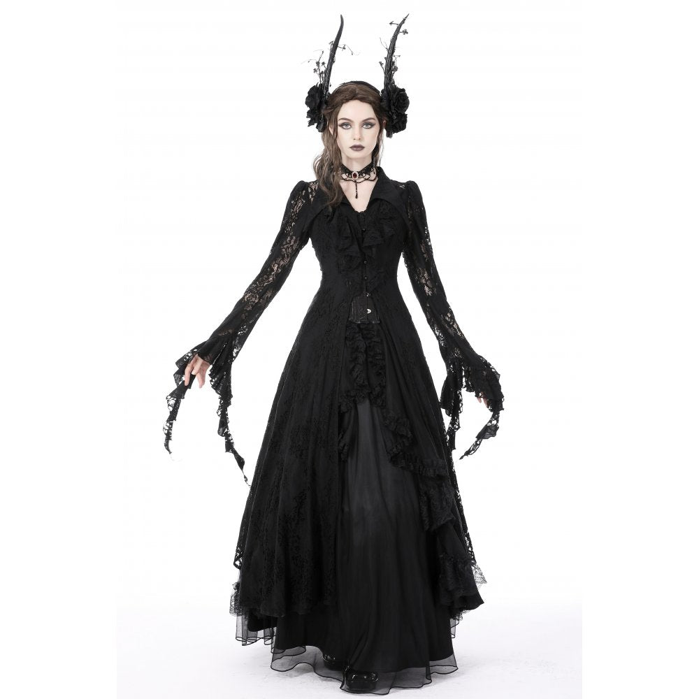 Dark In Love Livvy Lace Coat, Women's Gothic Jacket with Pointed Collar and Ruffles