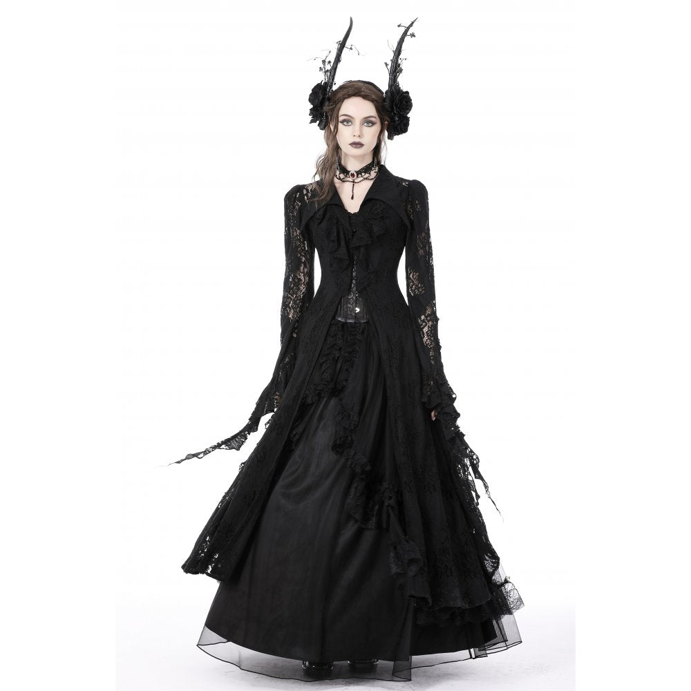 Dark In Love Livvy Lace Coat, Women's Gothic Jacket with Pointed Collar and Ruffles