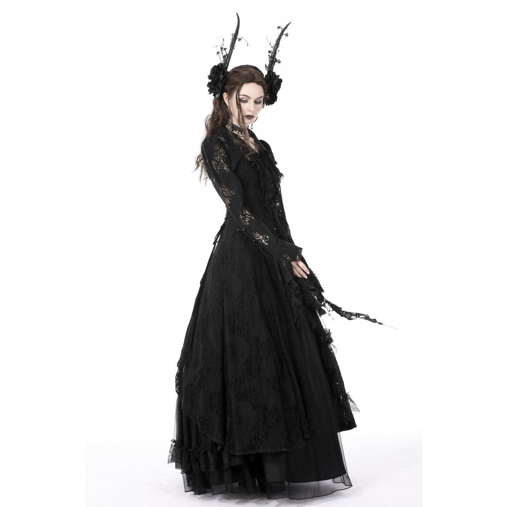 Dark In Love Livvy Lace Coat, Women's Gothic Jacket with Pointed Collar and Ruffles