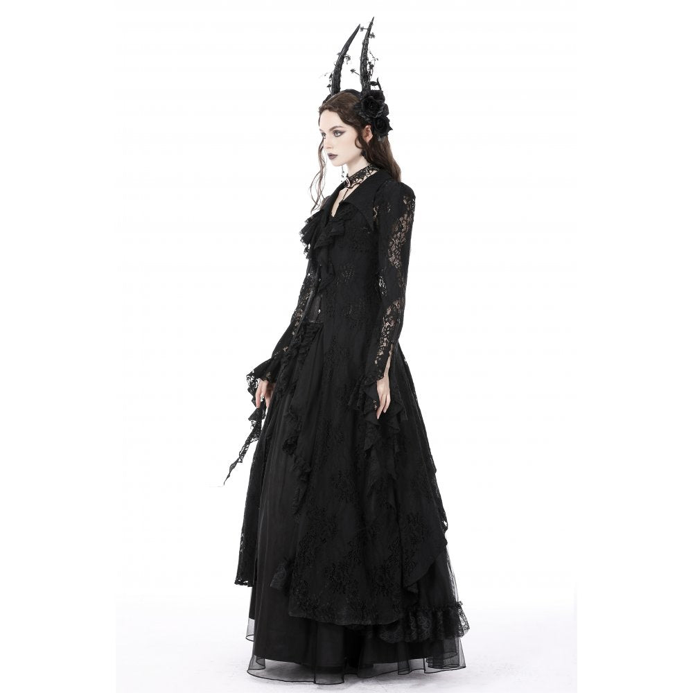 Dark In Love Livvy Lace Coat, Women's Gothic Jacket with Pointed Collar and Ruffles