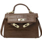 Women's Fashion Crocodile-Pattern Kelly Bag, Structured Leather Bag