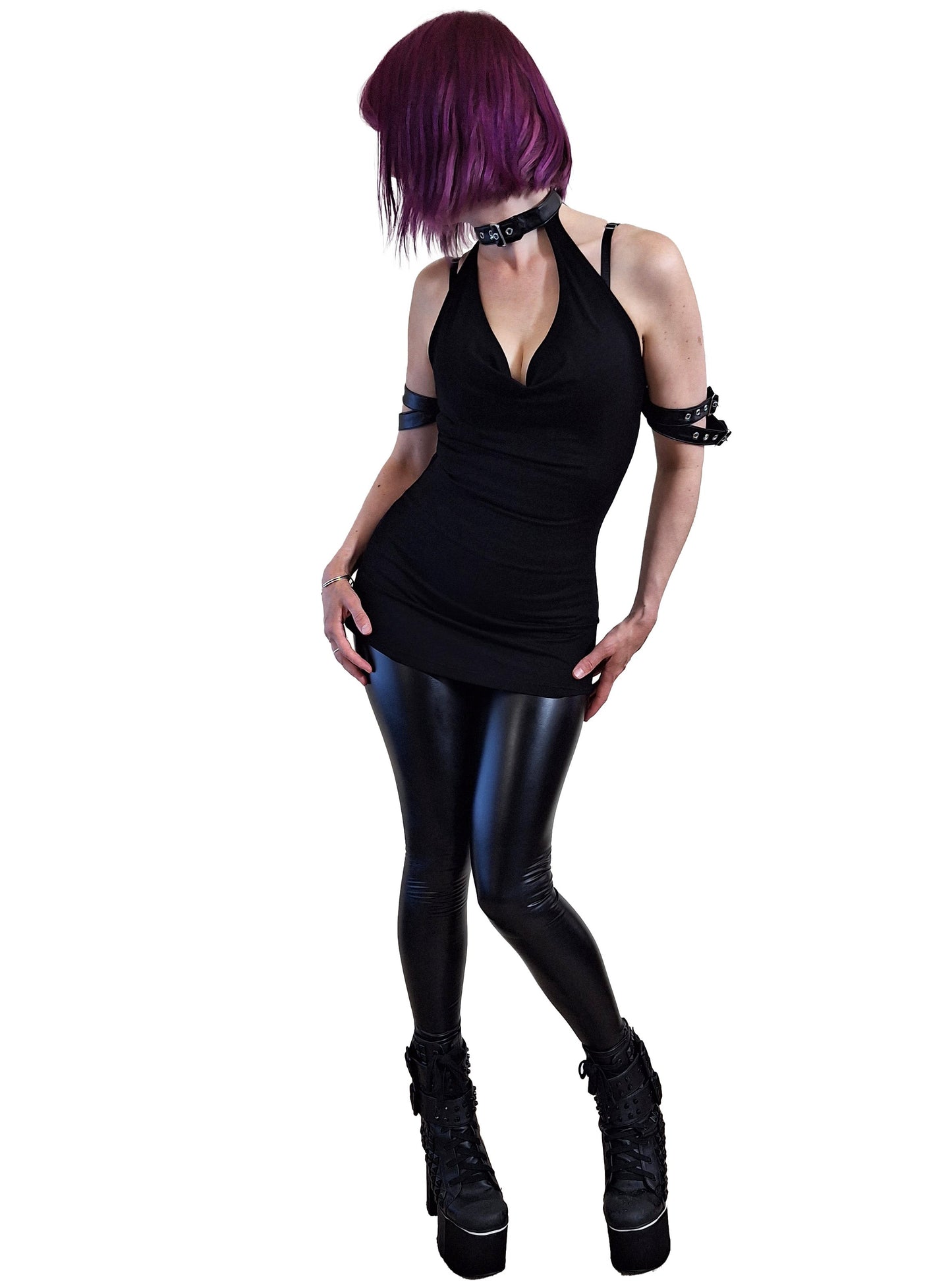 Necessary Evil Aphrodite Plunge Cowl-Neck Top with Faux Leather Detail