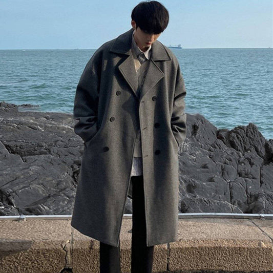 Retro Winter Woollen Men's Over-the-Knee Thickened Coat