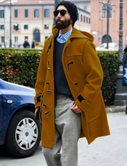 Classic Retro Horn-Button Hooded Woollen Men's Duffel Coat