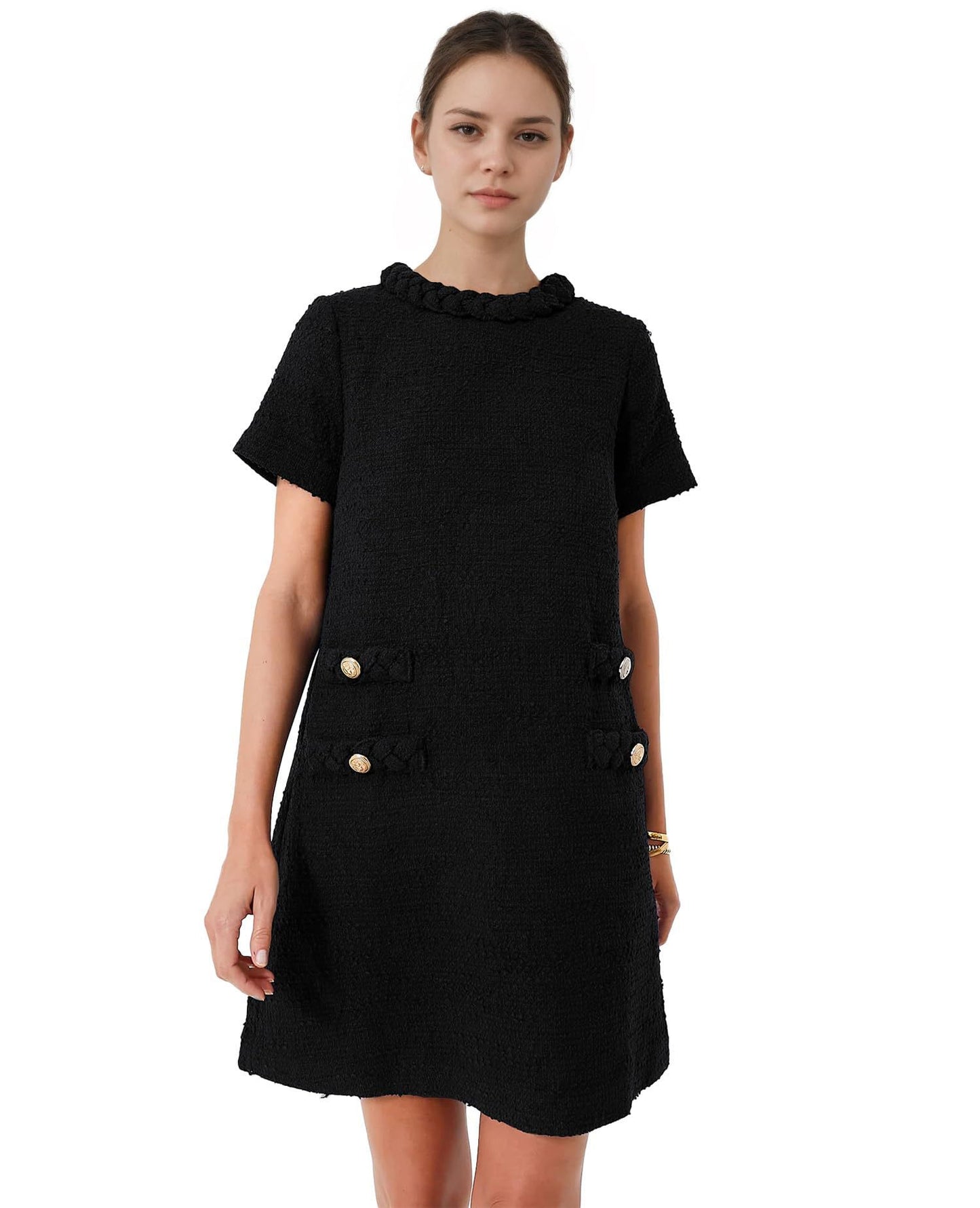 Vireous Elegant Round Neck Short Sleeve Button Tie Dress