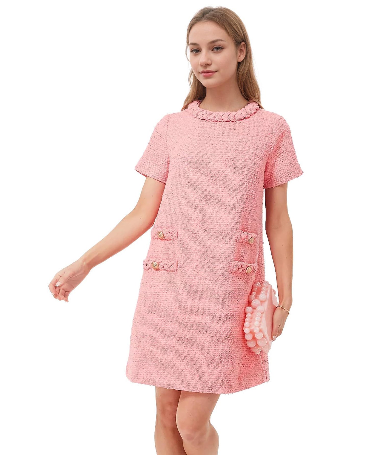 Vireous Elegant Round Neck Short Sleeve Button Tie Dress