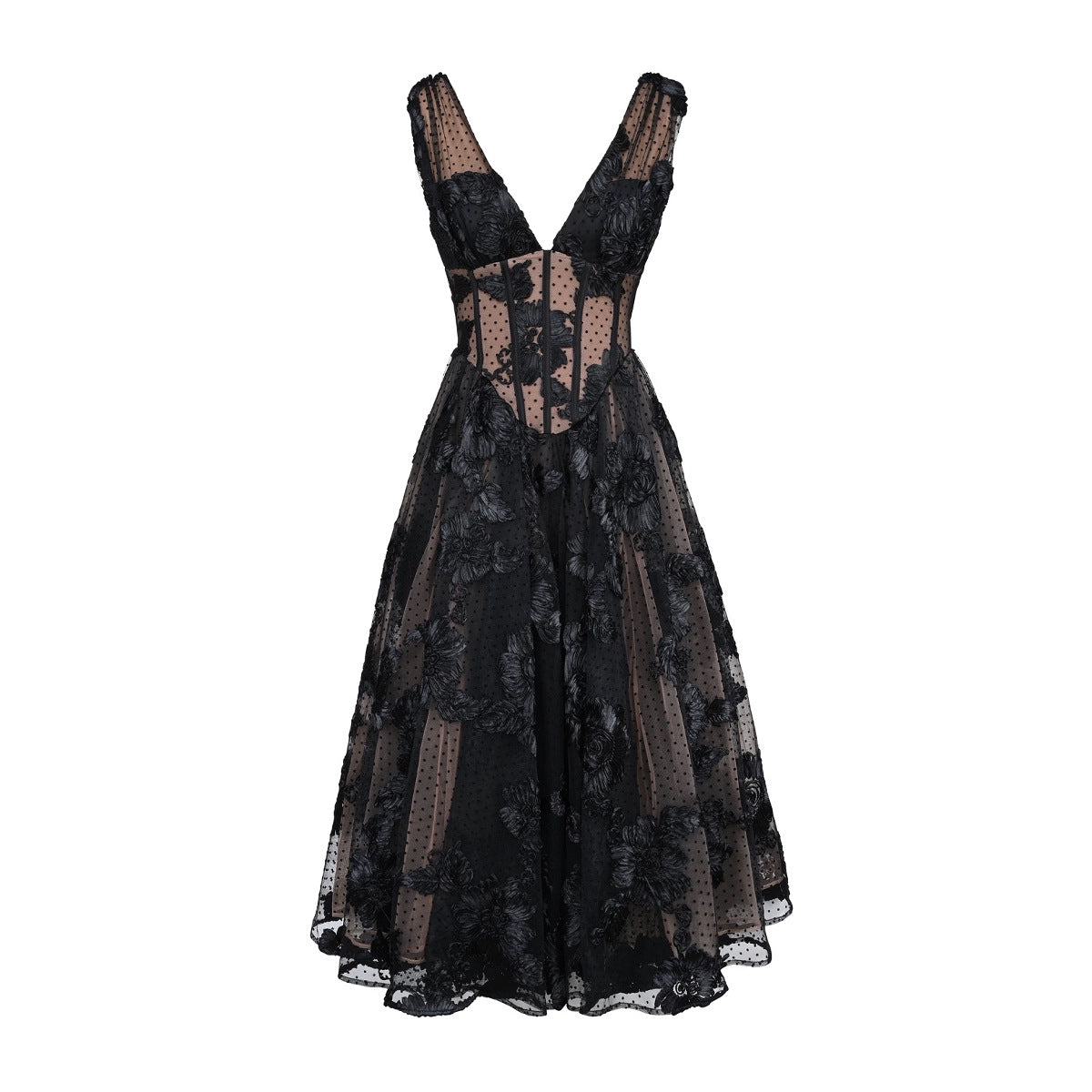 Black Plunging Neckline Sheer Mesh High-End Evening Dress