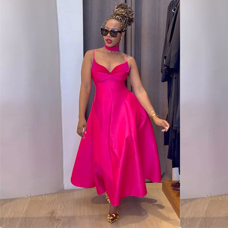 Elegant Choker Neck Slim-Look Silk Satin Cocktail Dress