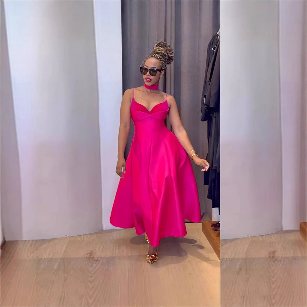 Elegant Choker Neck Slim-Look Silk Satin Cocktail Dress