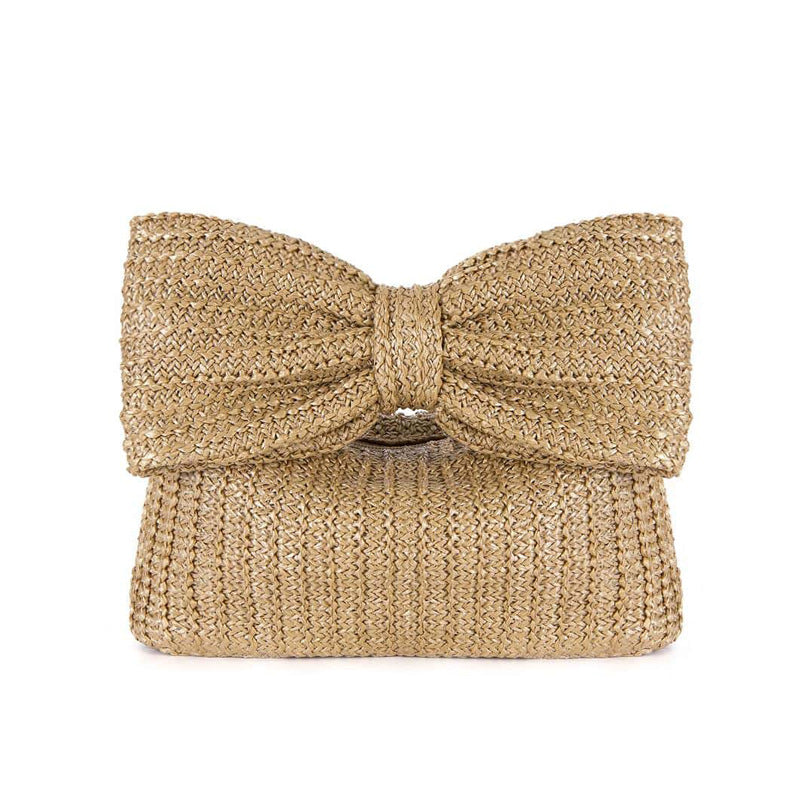 Vireous Fashion Bowknot Straw Clutch Handbag