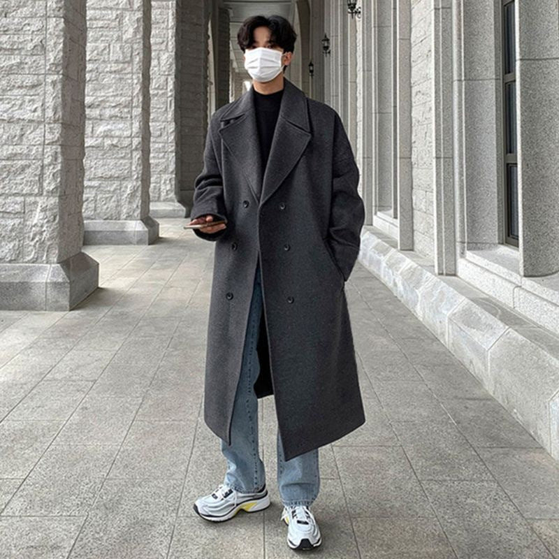 Retro Winter Woollen Men's Over-the-Knee Thickened Coat