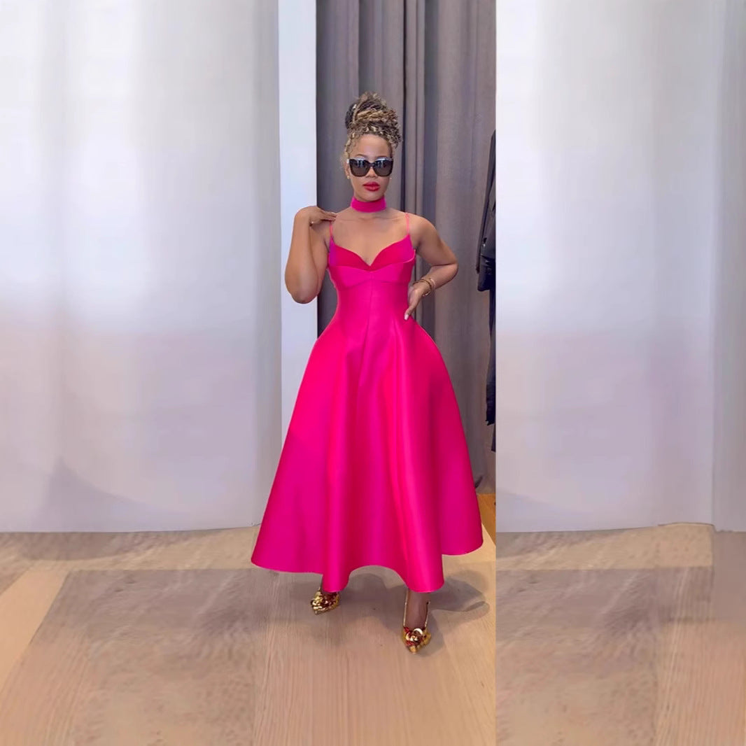 Elegant Choker Neck Slim-Look Silk Satin Cocktail Dress