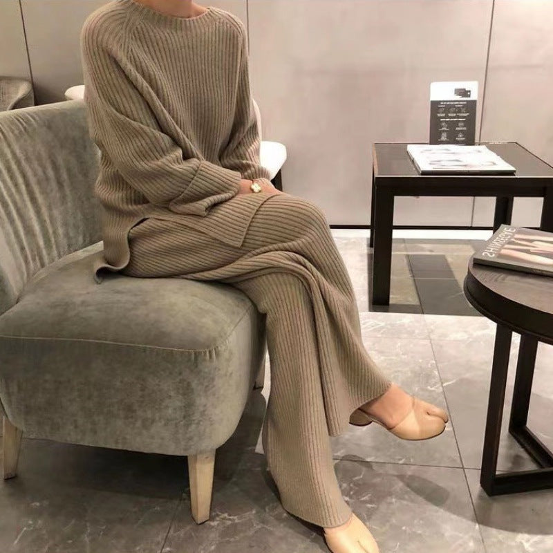 Vireous Women's Knitted Sweater with Knitted Wide-Leg Pants Suit