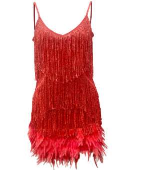 V-Neck Strap Feather Stitching Party Dress, Multi Colours