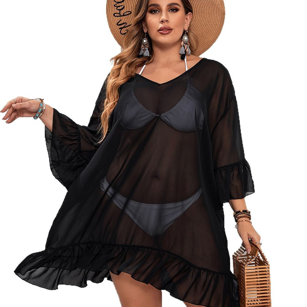 Plus Size See-Through Sun Protection One-Piece Beach Dress