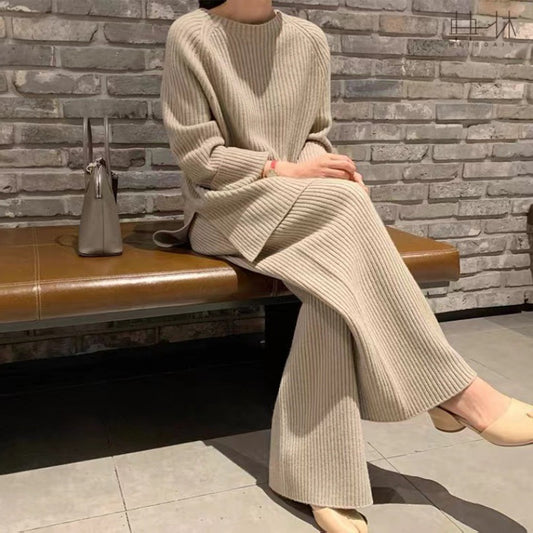 Vireous Women's Knitted Sweater with Knitted Wide-Leg Pants Suit