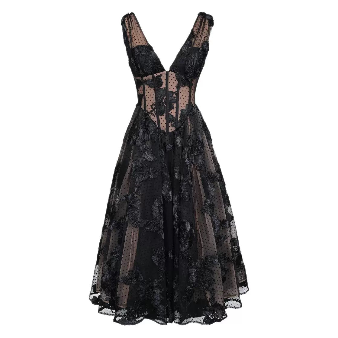 Black Plunging Neckline Sheer Mesh High-End Evening Dress